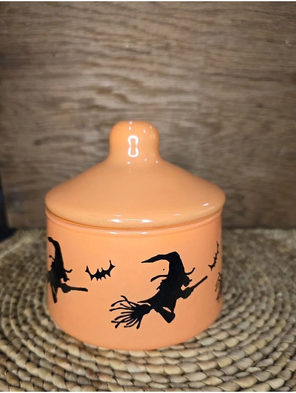 Vintage Indiana Glass Halloween Witch Bat Lidded Jar Candy Dish